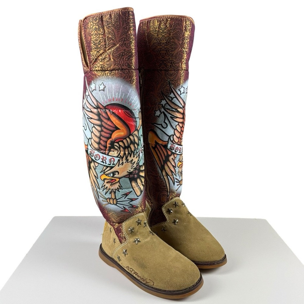 ED HARDY Eagle Tattoo Knee High Boots Suede Faux Fur Size 5 Eu 36 Y2K‎